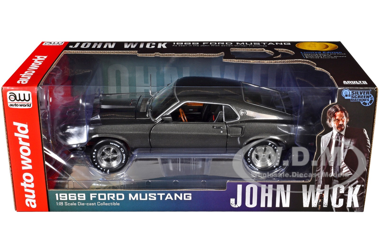 1969 FORD MUSTANG DARK GRAY “JOHN WICK” 1/18 DIECAST MODEL BY AUTO WORLD AWSS145