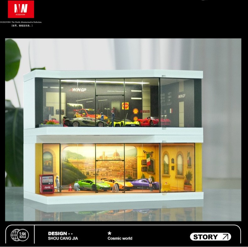 US 1/64 Garage Diorama Model LED Light City Parking Scene Diecast Car Display