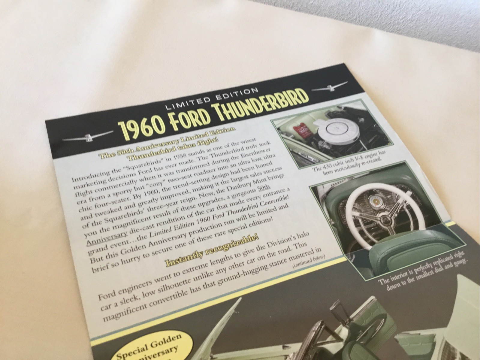 Danbury Mint 1960 Ford Thunderbird Limited Edition Brochure Paperwork Only 1:24