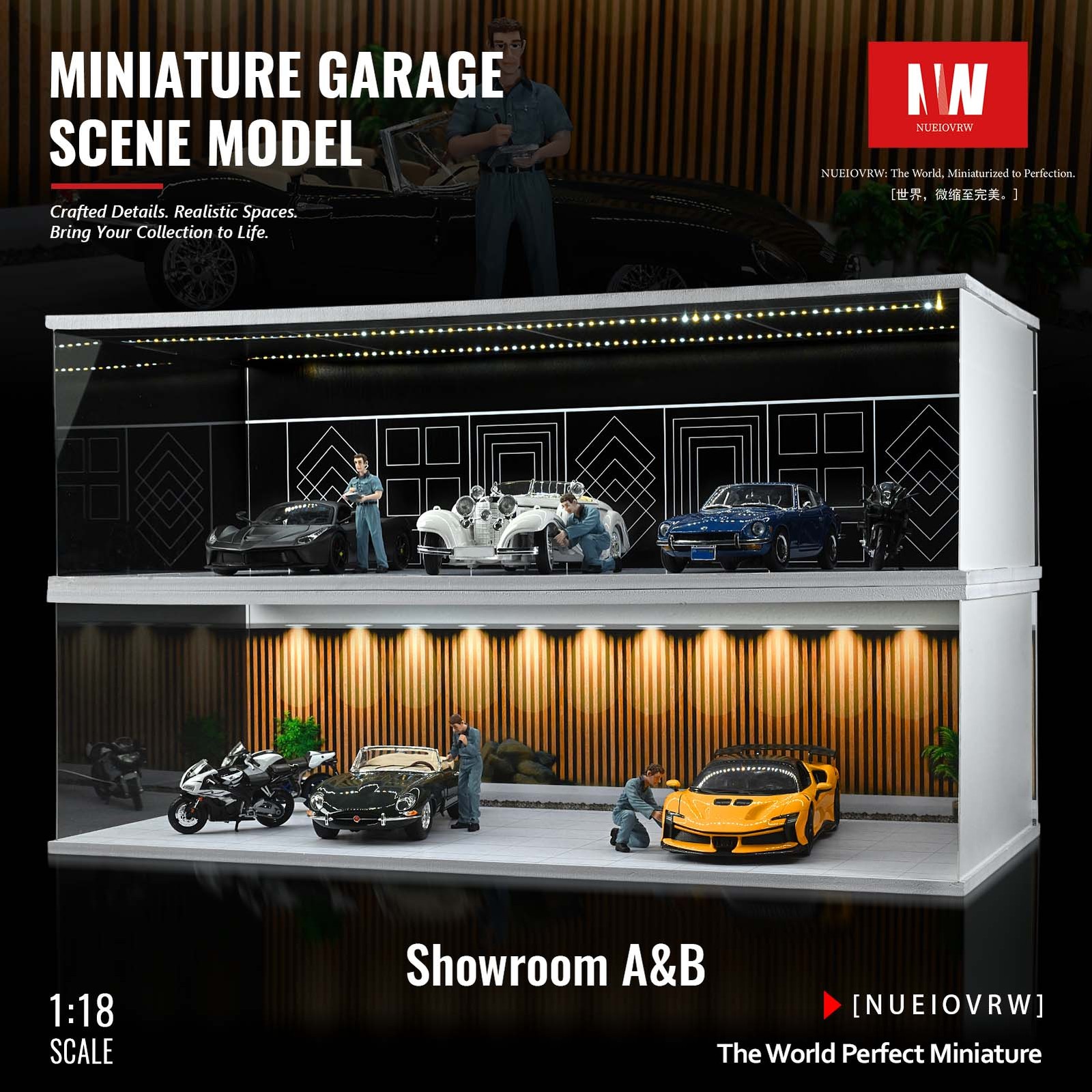 Diorama 1/18 Car Garage Model LED Light Street Building Showroom Display Gift US