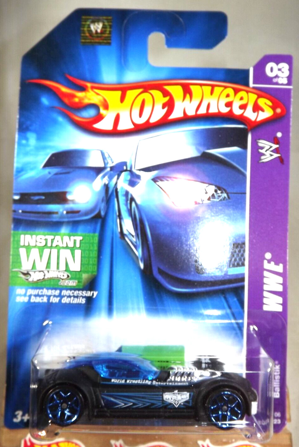 2006 Hot Wheels #108 WWE-Wrestle Mania 3/5 BALLISTIK Black w/Blue 5Y Sp ’07 Card