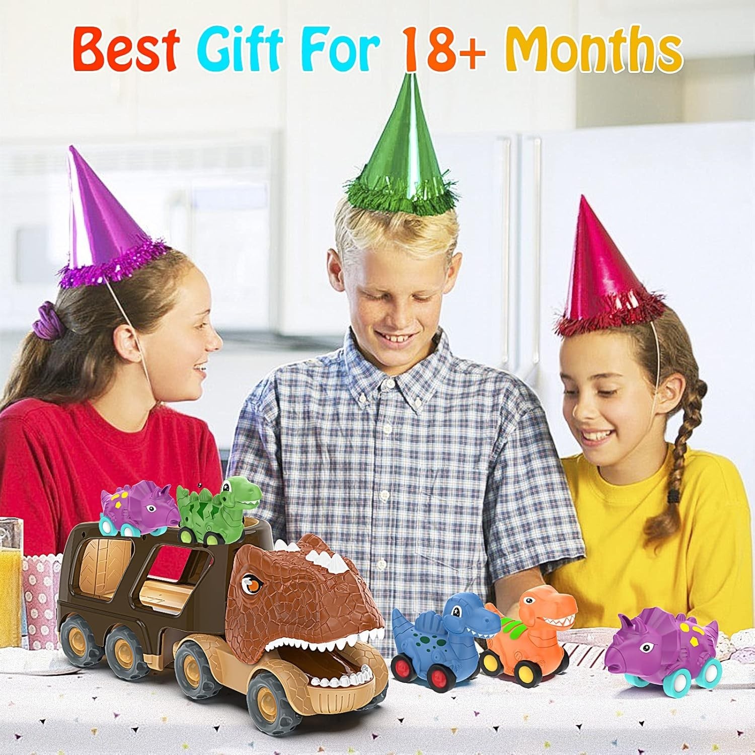 Dinosaur Car Toy for 2 3 4 5 Old Boys, Friction Power Carrier Truck with 4 P…