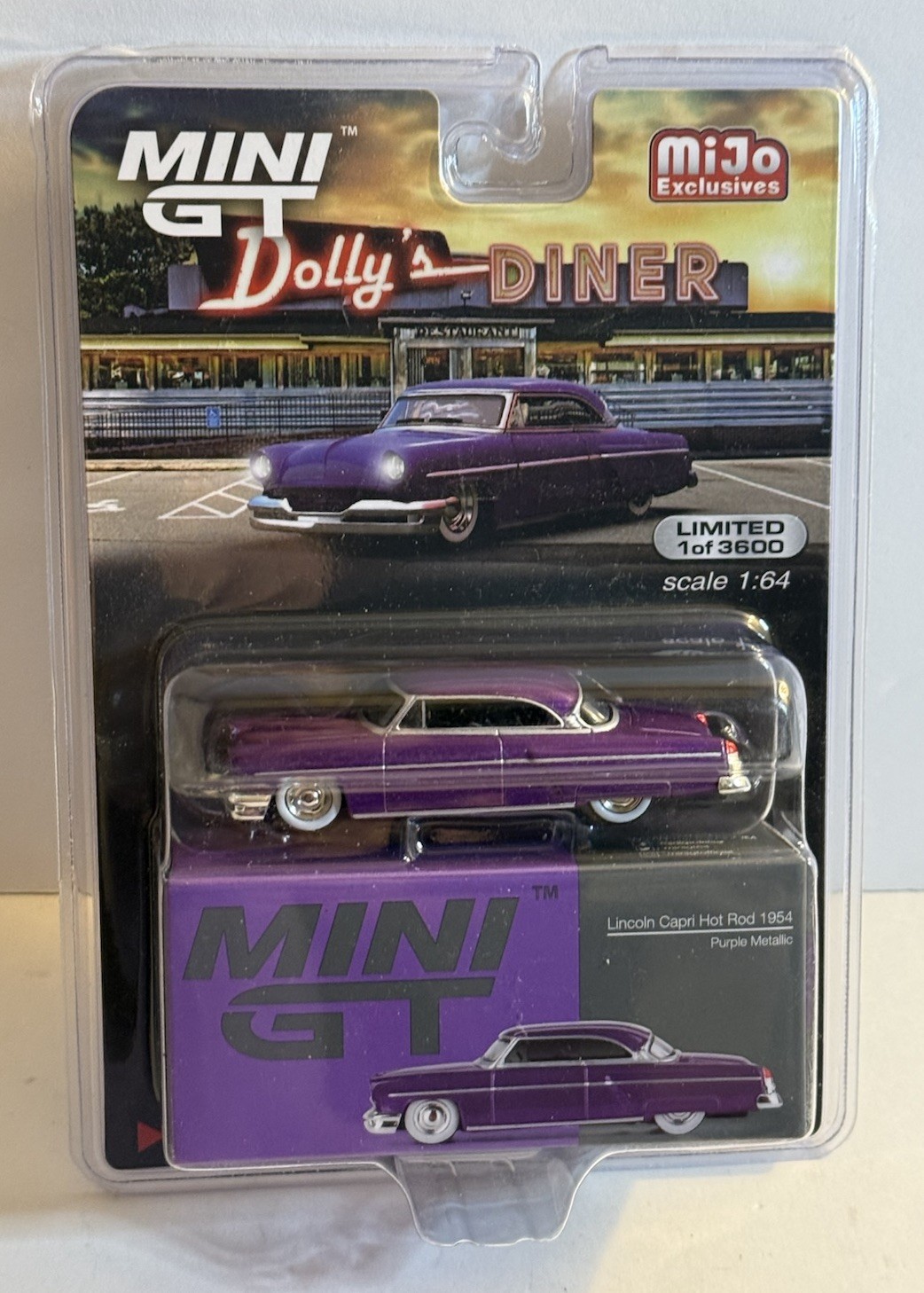 Mini GT MiJo 1:64 Diecast Model Car Lincoln Capri Hot Rod 1954 Purple Metallic