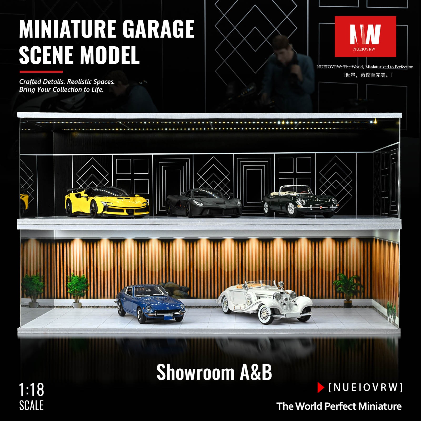 Diorama 1/18 Car Garage Model LED Light Street Building Showroom Display Gift US