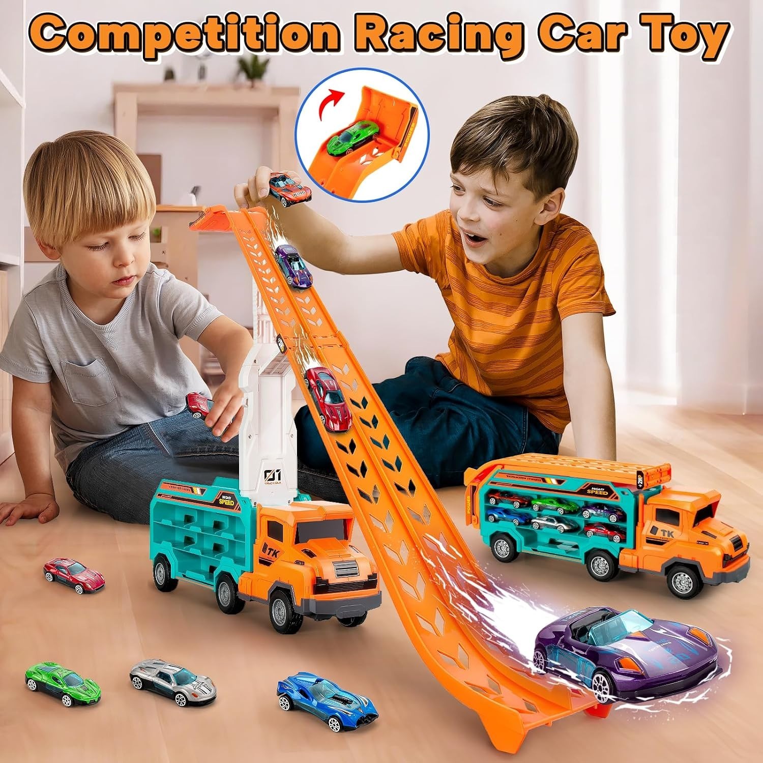 Carrier Truck Toys Race Track Transport Cars 2.8 Ft 6 Die-Cast Cars for Kids