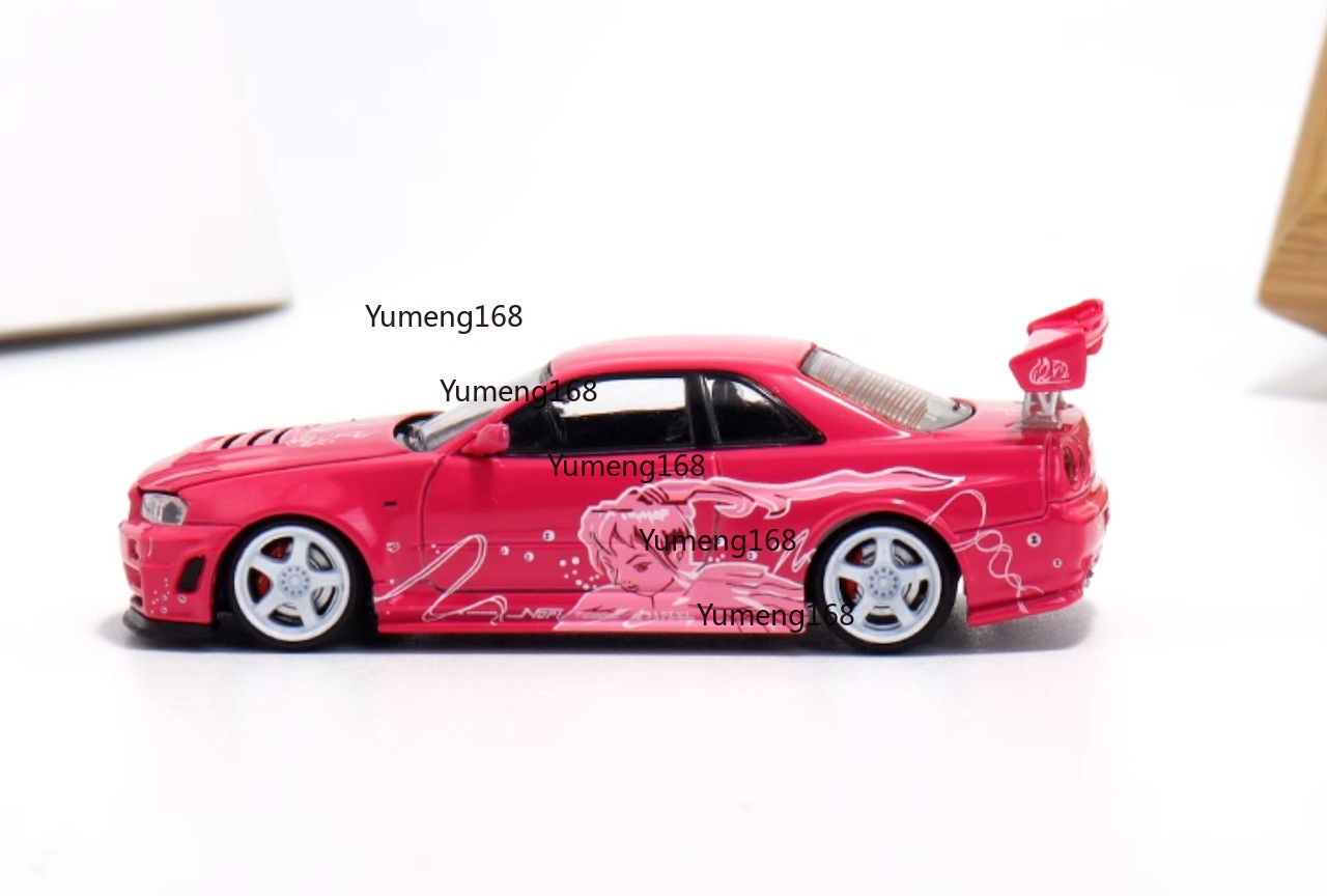TM 1:64 JDM Pink Skyline GTR R34 Racing Sports Model Diecast Metal Car