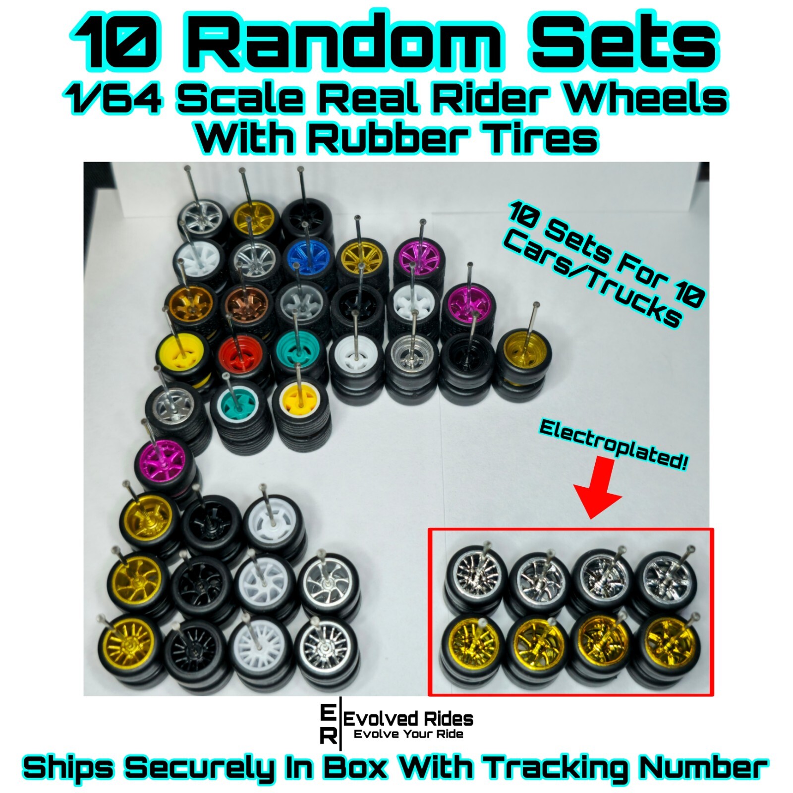 1/64 Scale 10 RANDOM Sets Real Rider Wheels With Rubber Tires Lot for Hot Wheel