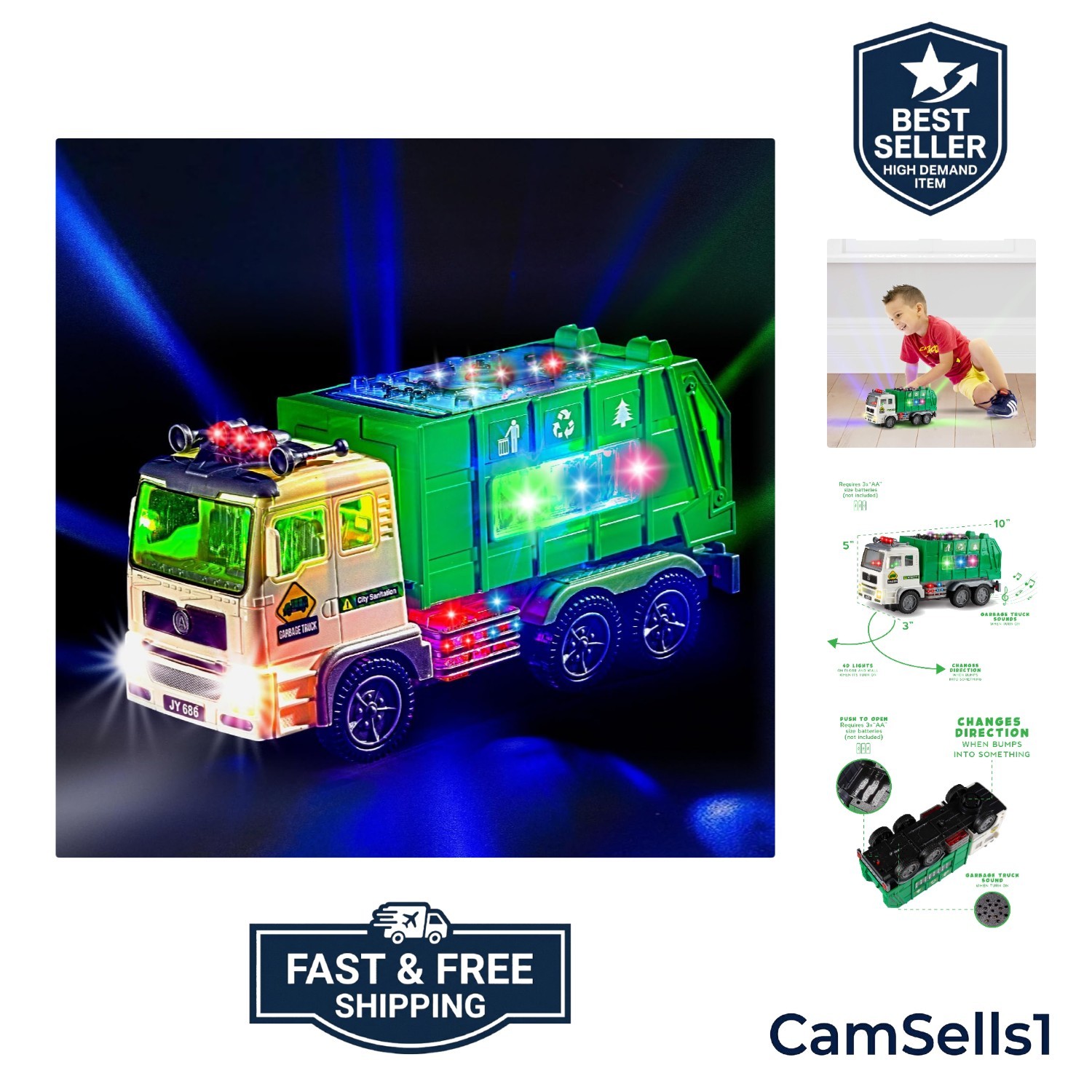 Toy Garbage Truck with 4D Lights & Sounds for Boys, Toddlers, Kids 3+ – Trash…