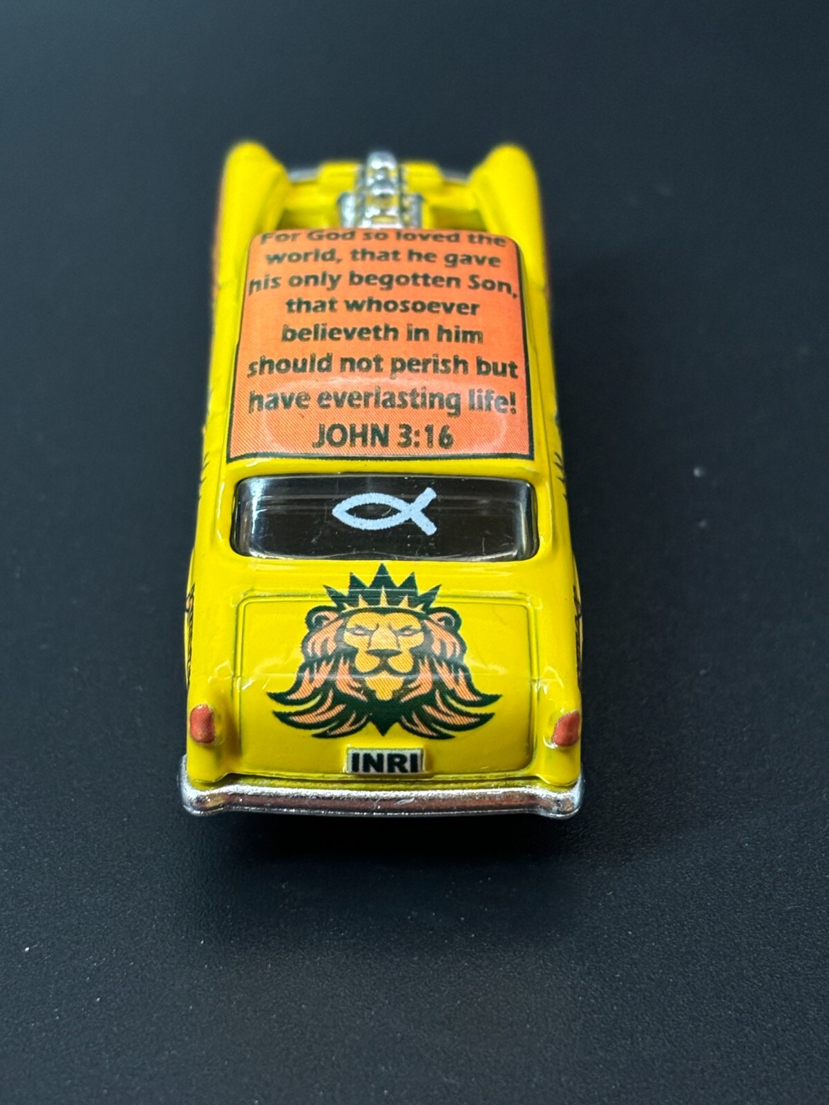 White Toner 1:64 Waterslide for 55 Chevy Gasser Jesus Saves John 3:16 Orange