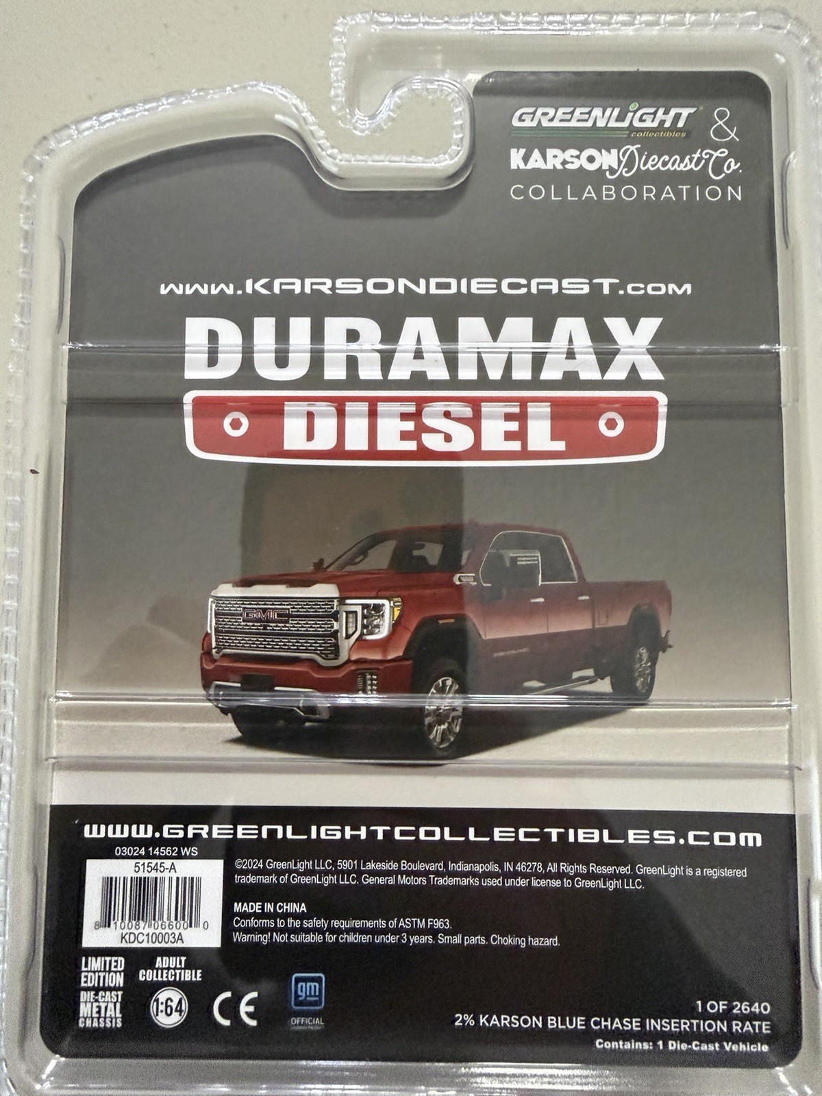 1:64 Greenlight 2022 GMC Sierra 2500 HD Denali Cayenne Red Metallic Karson Excl