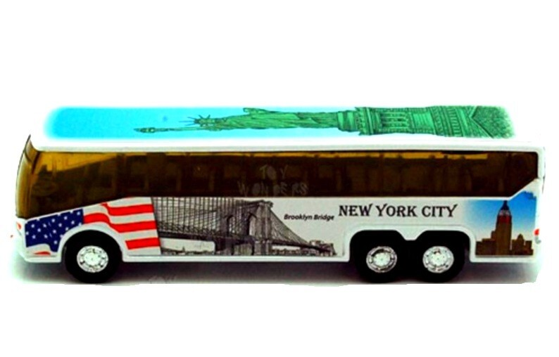 NYC Bus w/Statue Liberty, Empire St Building or Freedom Tower -Pull Back Action