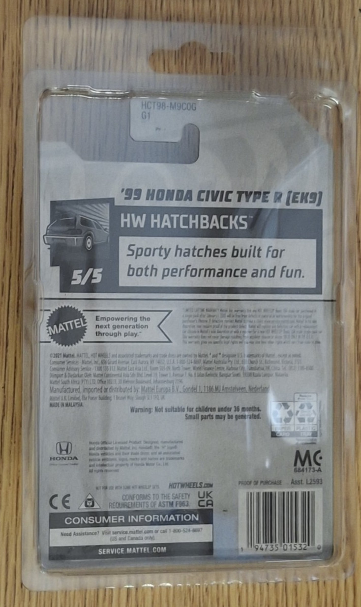 2022 Hot Wheels 1999 Honda Civic Type R (EK9) 125/250 HCT98 Yellow Protector