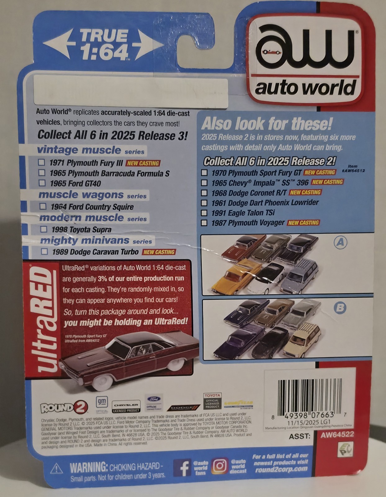Auto World Vintage Muscle 1965 Plymouth Barracuda Formula S Ultra Red Chase Dmgd
