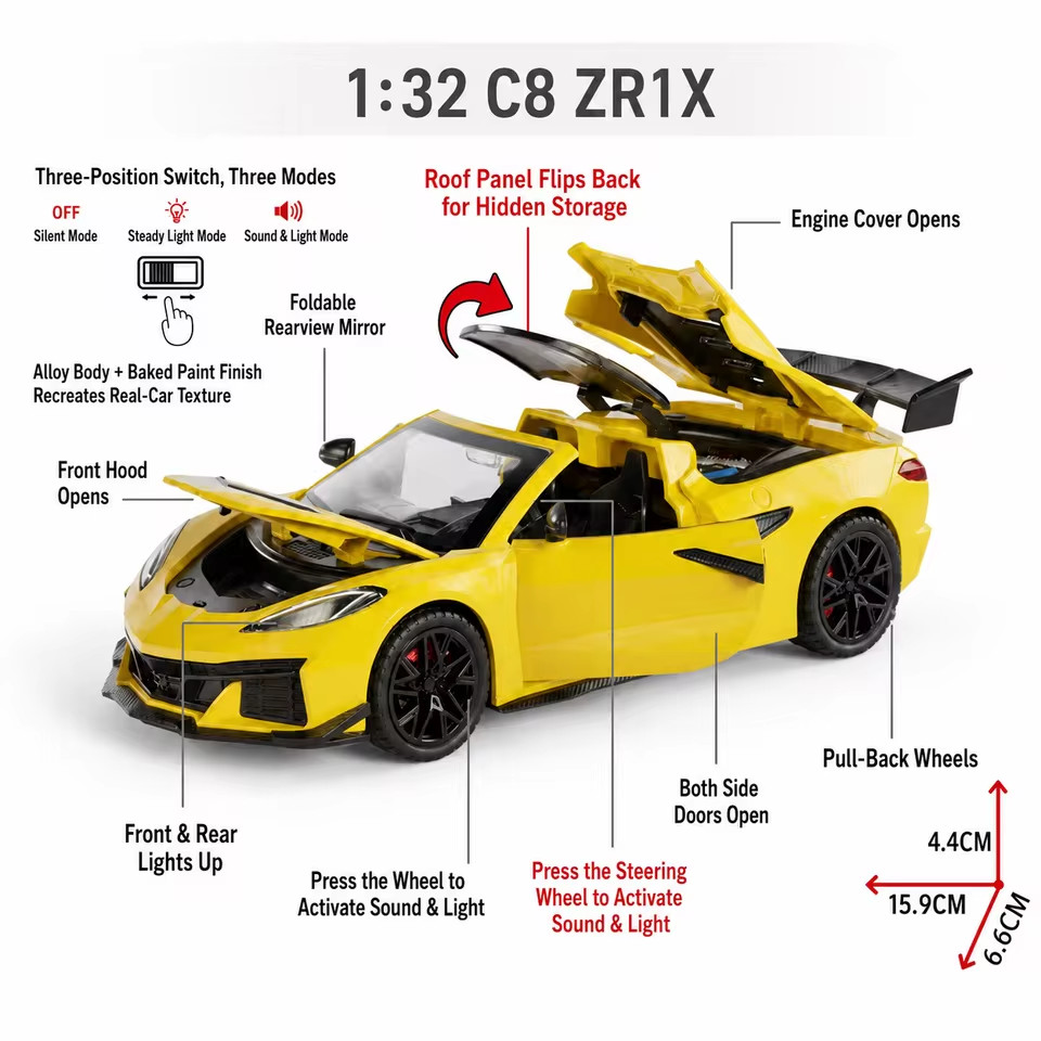 1:32 Corvette C8 ZR1X Diecast Toy Car Pull Back Sound Light Model Collectible