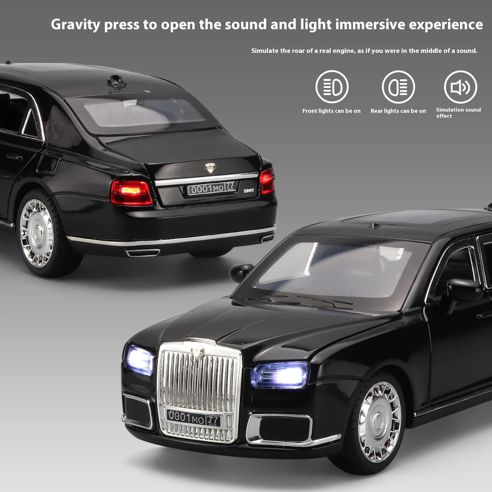 1:24 Aurus Senat Russia Limousine Alloy Diecast Car Model Sound Light Classic Co