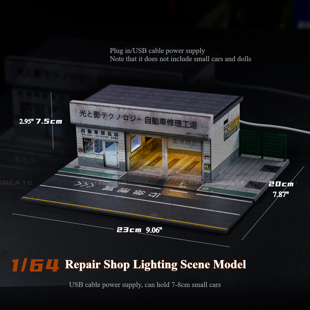 Diorama 1:64 Car Parking Lot Models LED Lighting City Repair Shop Scene Display