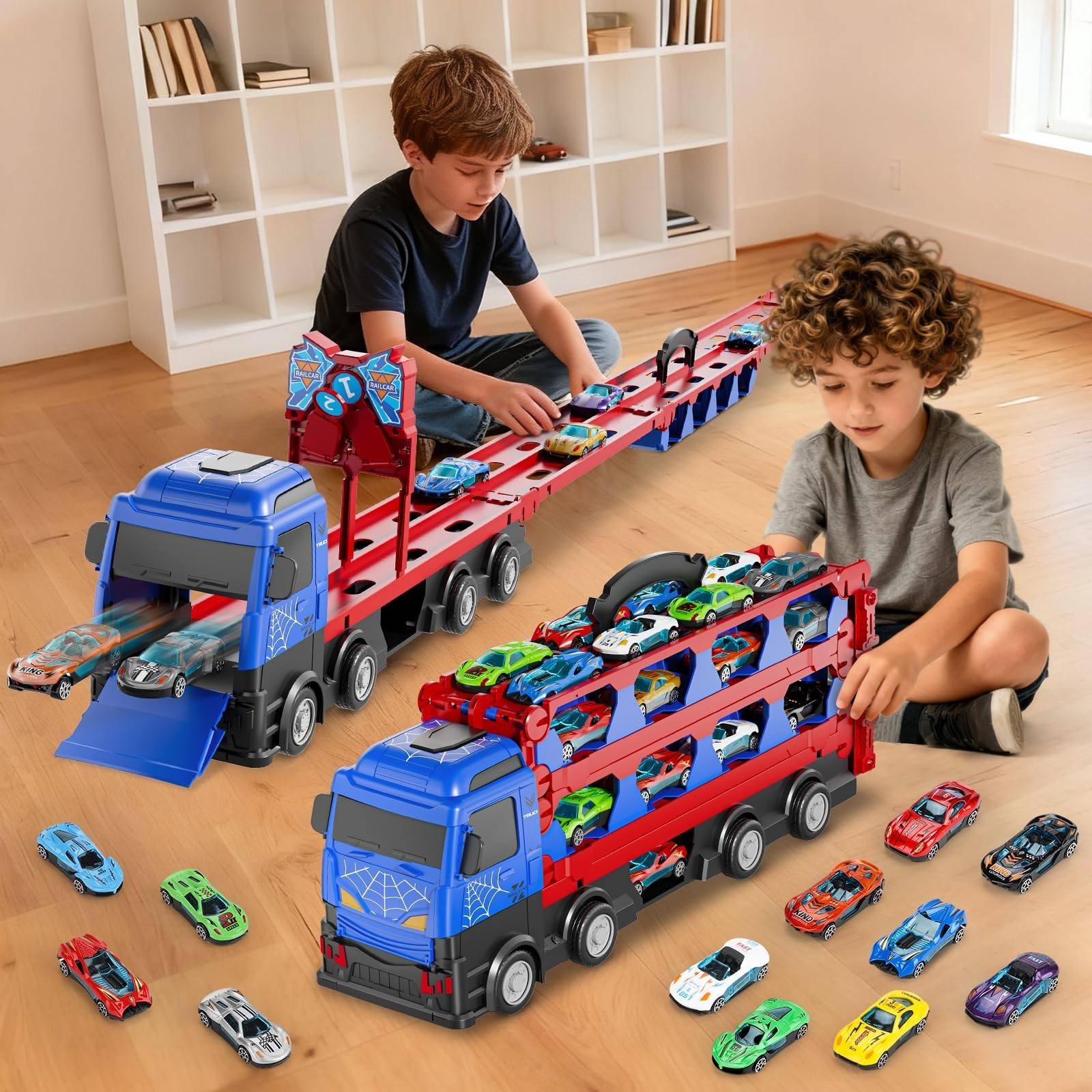 Spider Race Track Toys for Boys 3-6, Double Decker Transport Truck with cars
