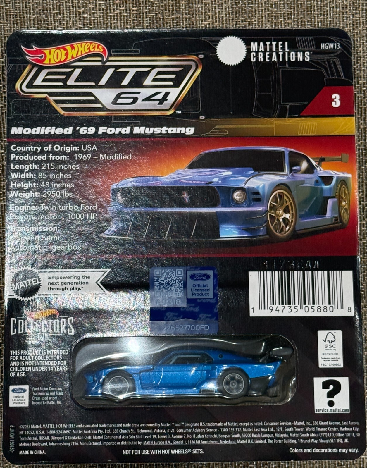 Hot Wheels Elite 64 Licensed Ford Blue Modified 69 Mustang , Free shipping !