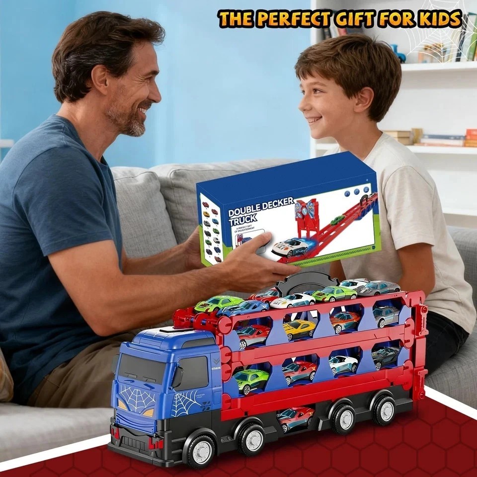 Spider Race Track Toys for Boys 3-6, Double Decker Transport Truck with cars
