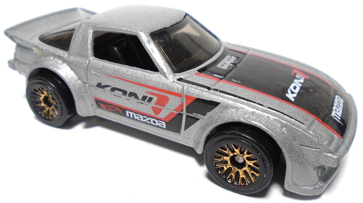 2011 HOT WHEELS MAZDA RX-7 KONI SILVER 2 5/8″ DIECAST RACE CAR WITH BLACK & RED
