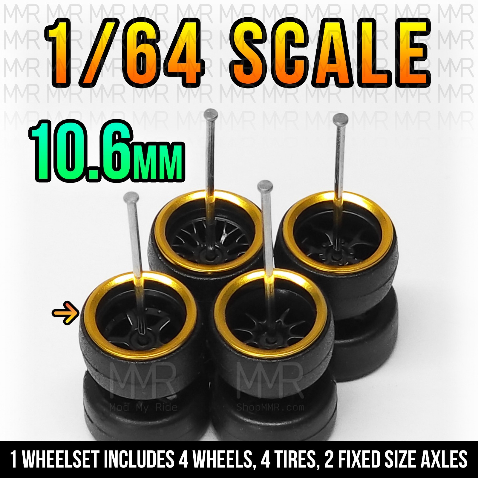 1/64 Scale GOLD CHROME BLACK STANCE ALLOY v2 Wheels Rims Tires Set for Hot