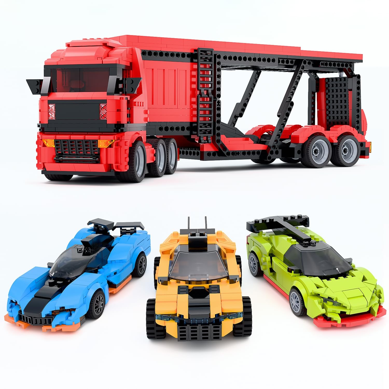 Micro Brick Car Transporter with 3 Sports Cars Building Set – Kids Truck Toy wit
