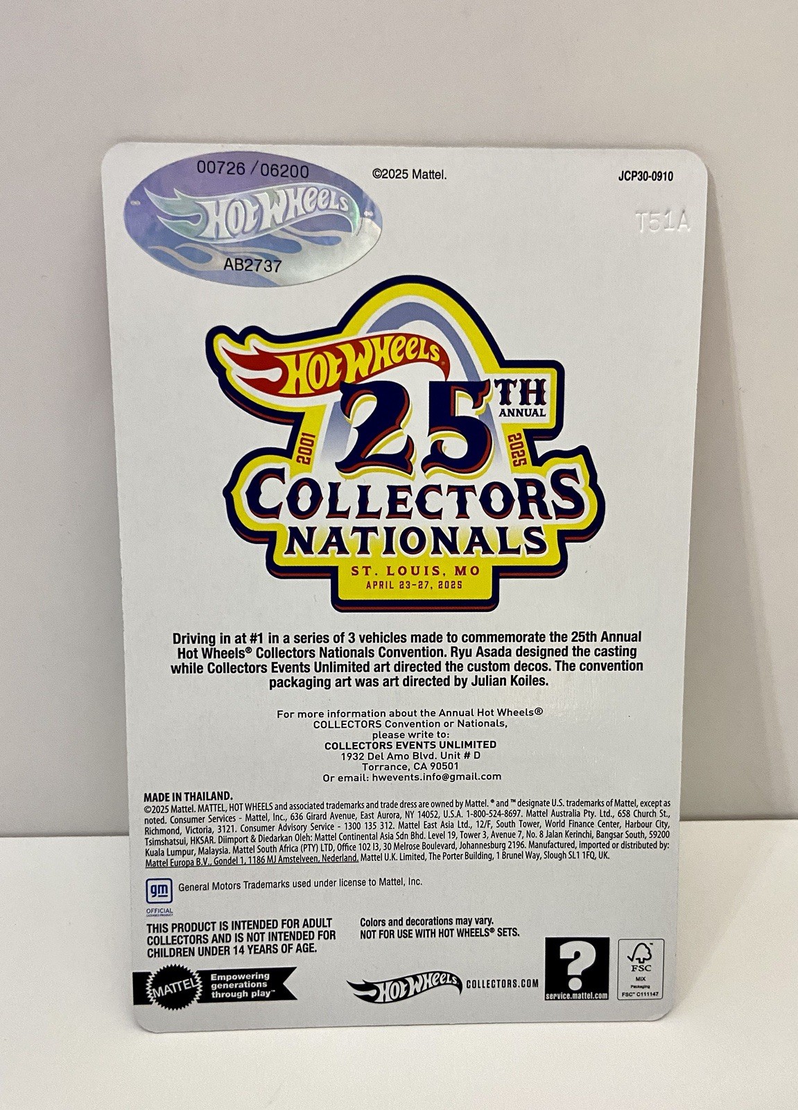 Hot Wheels 2001 25th Collection Nationals Corvette C8.r #00726/06200 low number