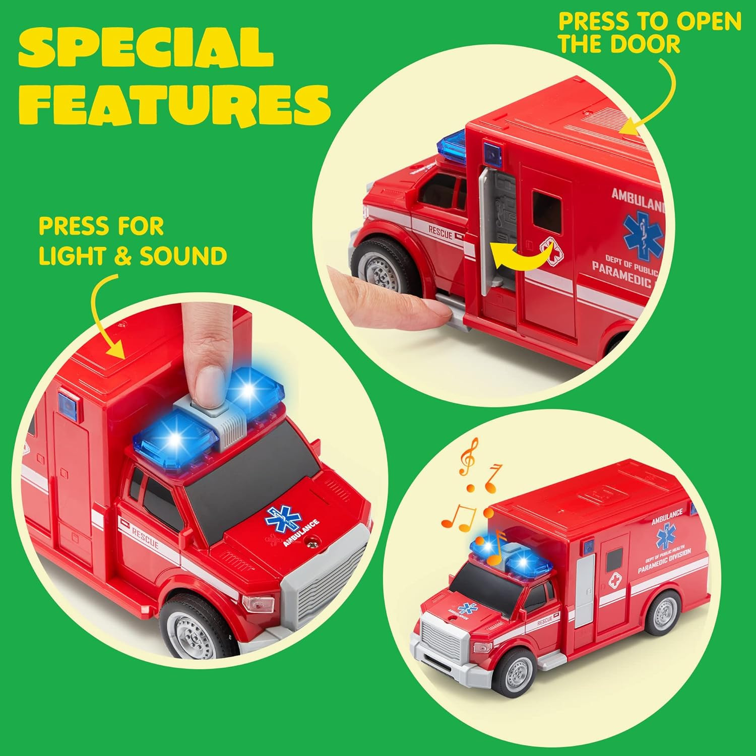 4 Pcs 7″ Vehicle Toy Set Lights Siren Police Car Bus Garbage Truck Ages 3-5 Boys