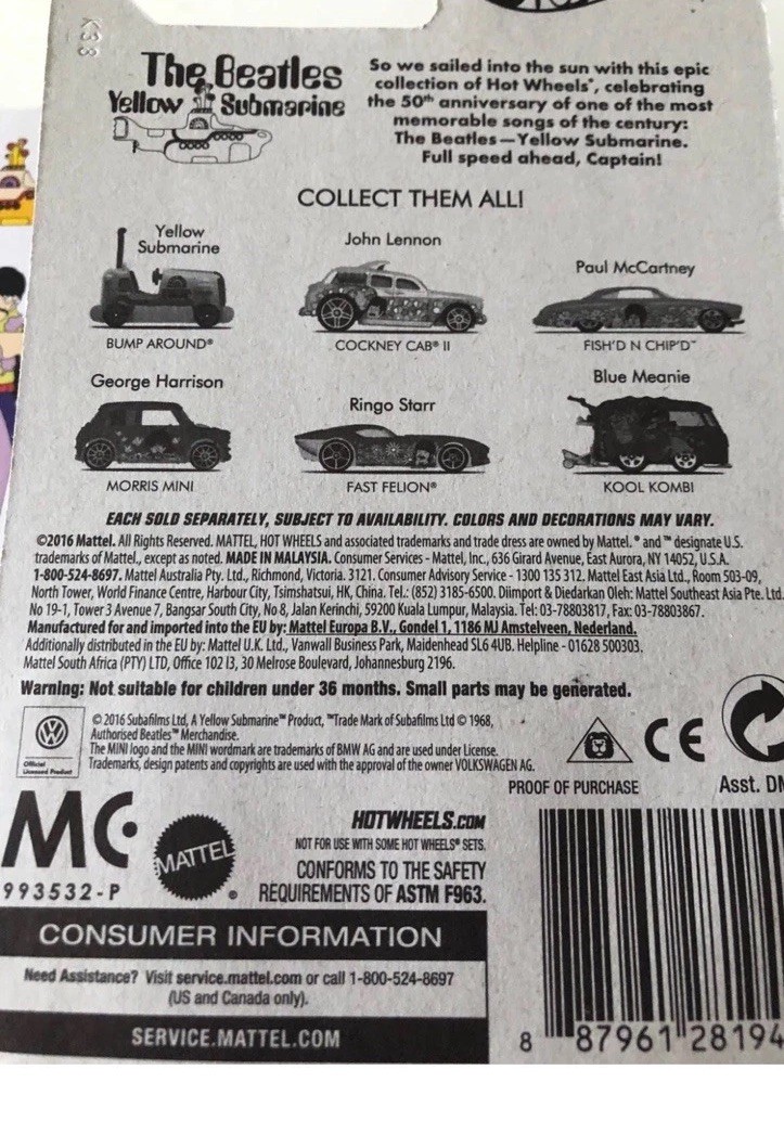 Hot Wheel “ERROR” Wrong Vehicle Inside; The Beatles Yellow Submarine — Mint