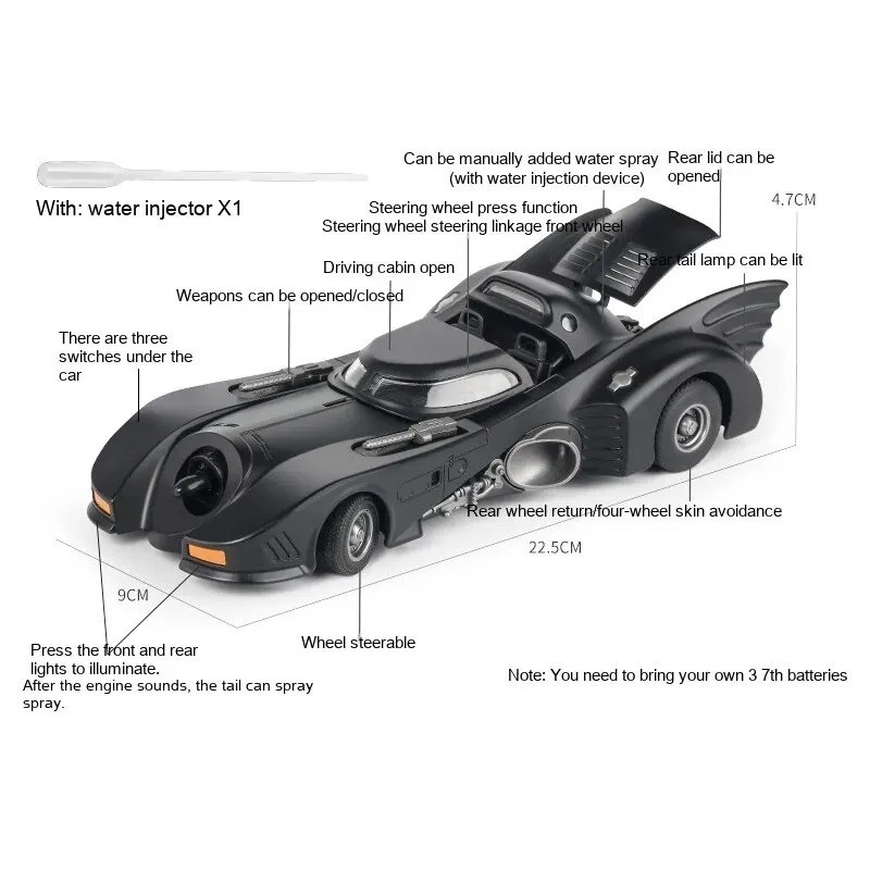 1:24 1989 Batmobile Diecast Model Alloy Car – Sound Light & Spray Mist Toy Gift