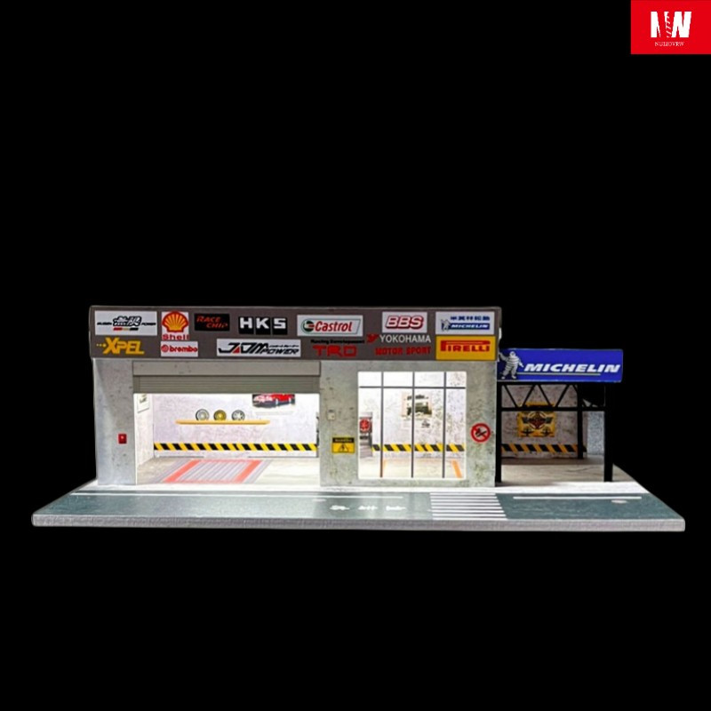 Diorama 1:64 Car Garage Model LED Lighting Repair Shop Building Scene Model Toy