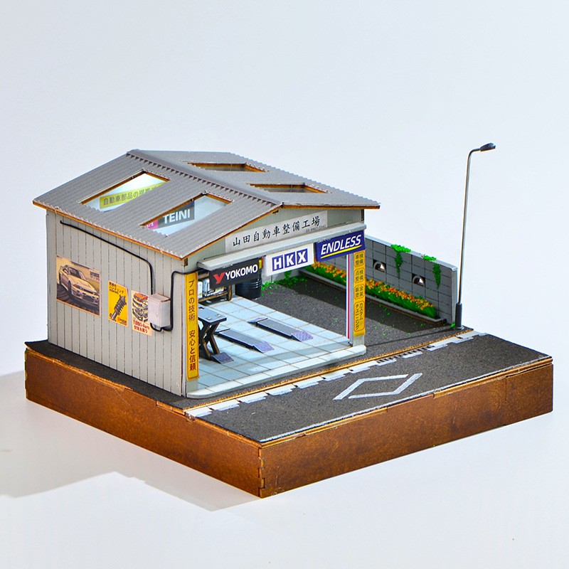 DIY Handmade 1/64 Diorama Car Garage Model LED Japanese Street Buildings Display