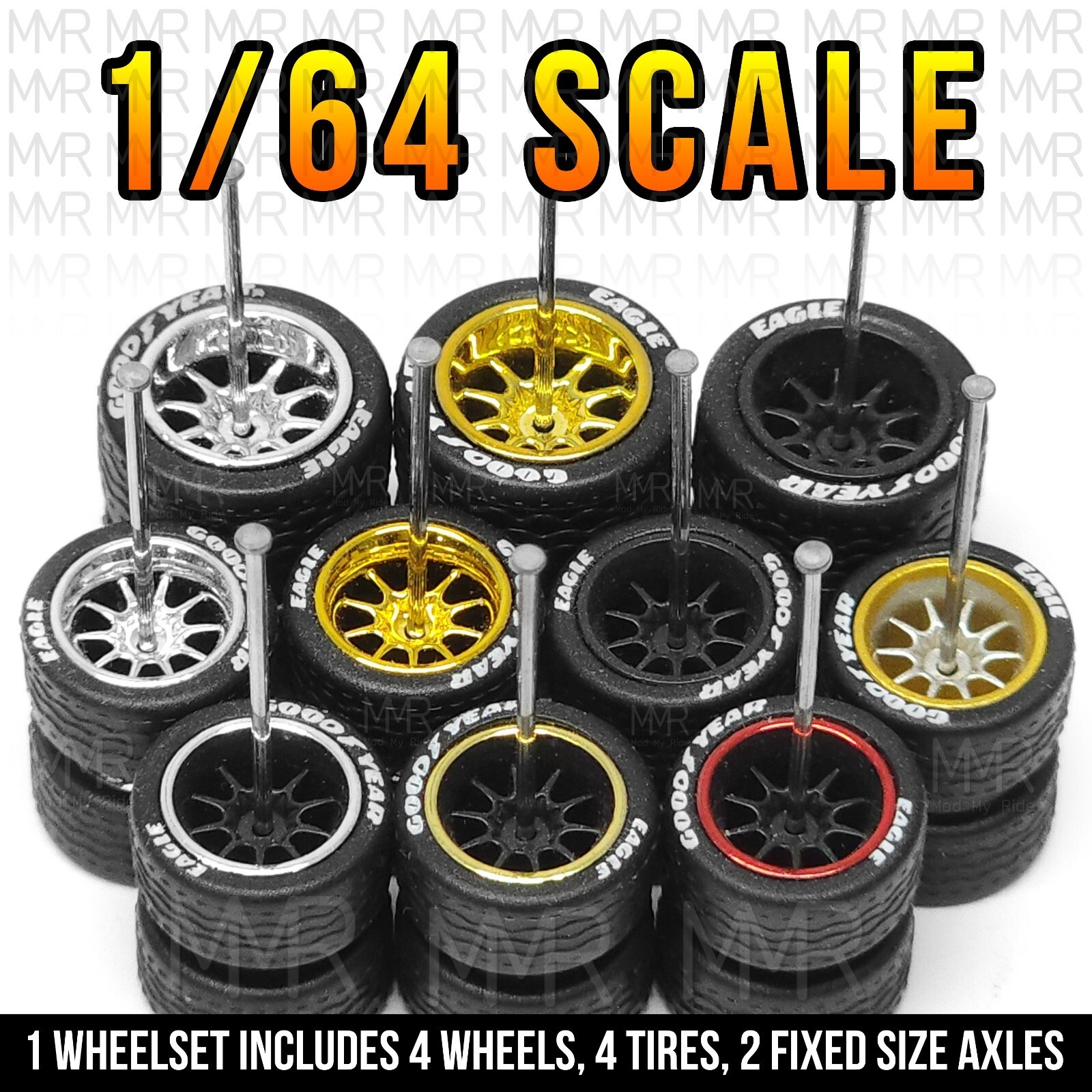 1/64 Scale 10 SPOKE v6 Tread Real Rider Wheels Rims Rubber Tire Set for Hot