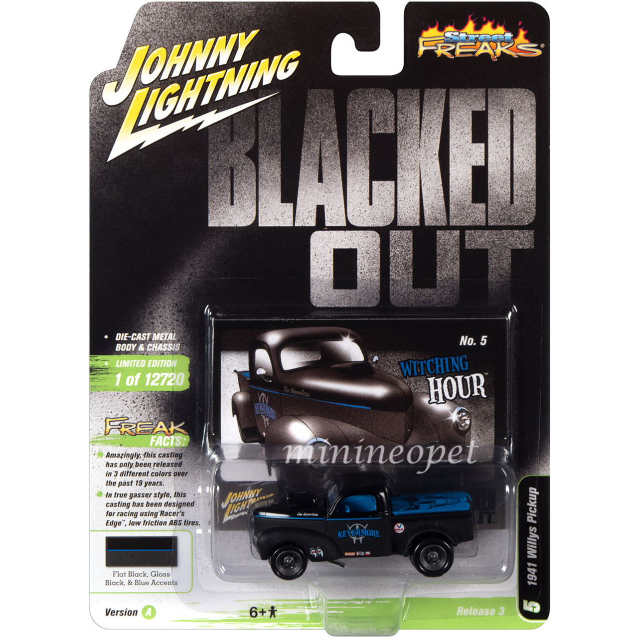 JOHNNY LIGHTNING JLSP181 A 1941 WILLYS GASSER PICKUP BLACKED OUT 1/64 BLACK BLUE