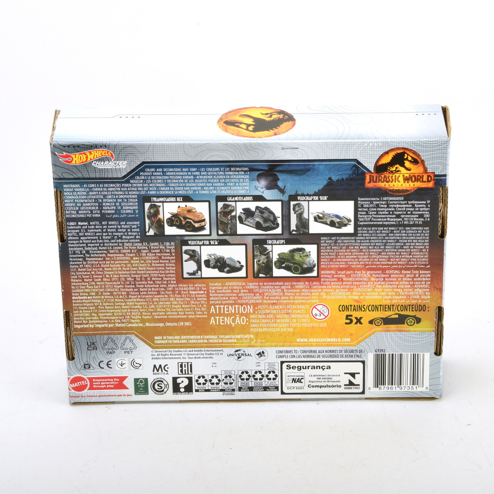 Mattel Hot Wheels Jurassic World Dominion Toy Character Cars Gift 5-Pack 1:64