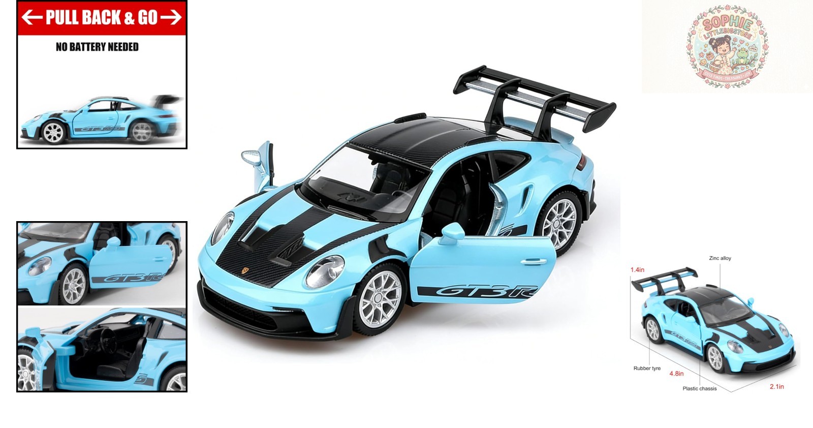 1:36 Scale Porsche 911 GT3 RS Diecast Toy Car – Pull Back, Doors Open, Blue