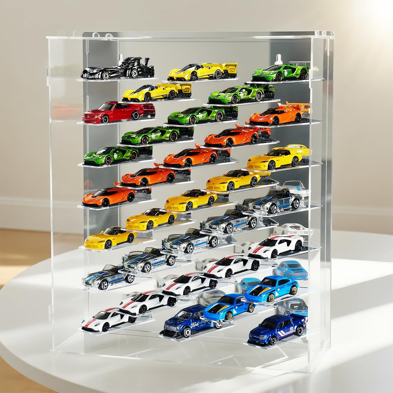 Display Case for Hot Wheels Cars, Silver Backboard with Light,