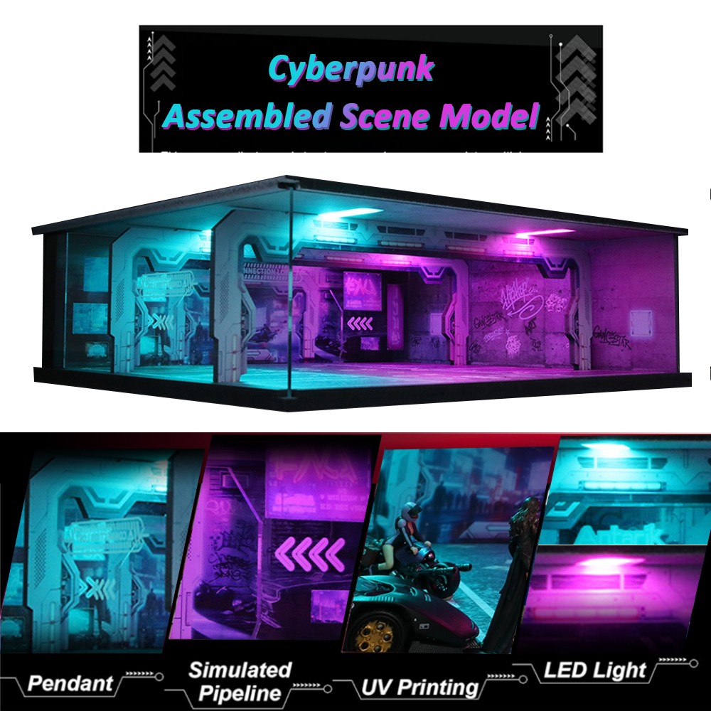 1/64 Diorama Car Garage Model LED Cyberpunk Parking Lot Collection Scene Gift US