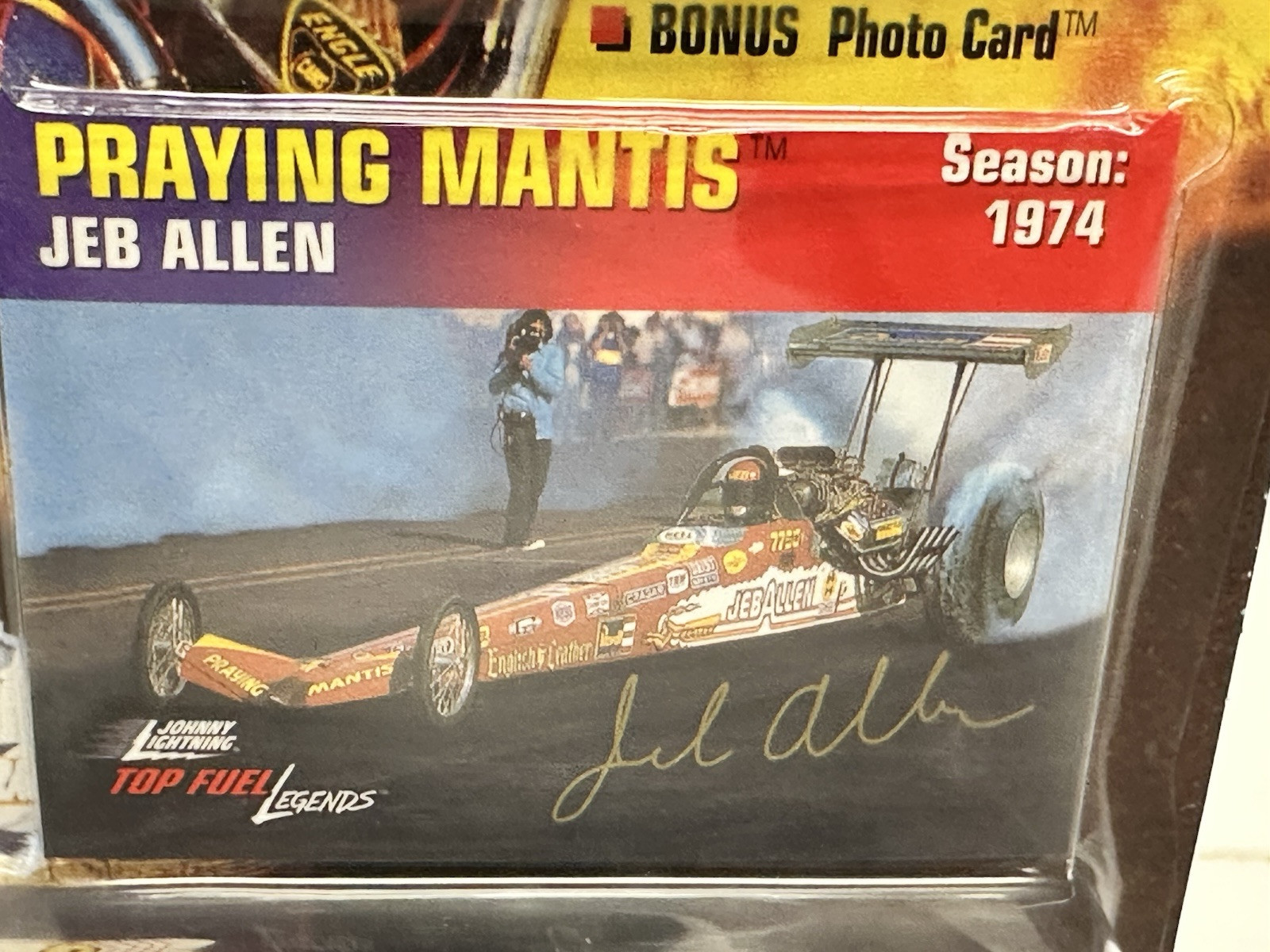 JOHNNY LIGHTNING NHRA LEGENDS ~JEB ALLEN PRAYING MANTIS 1974 TOP FUEL DRAGSTER~