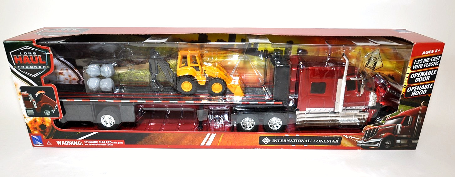 International Lonestar Red Metallic Truck w/Flatbed Trailer, Front Loader, 1/32
