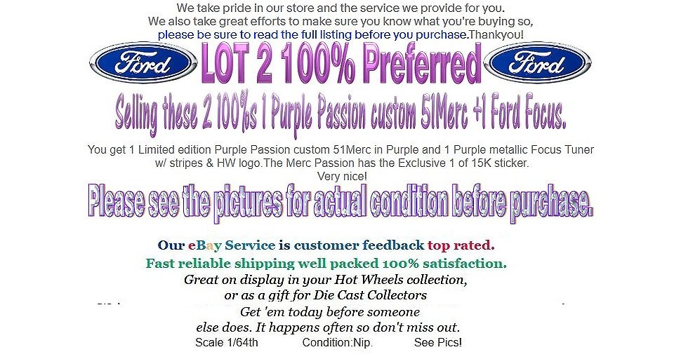 LOT 2 100% HOT WHEELS FORD FOCUS 1 PURPLE PASSION 51 MERC LOW RIDER 1/15K☑️EMOUT