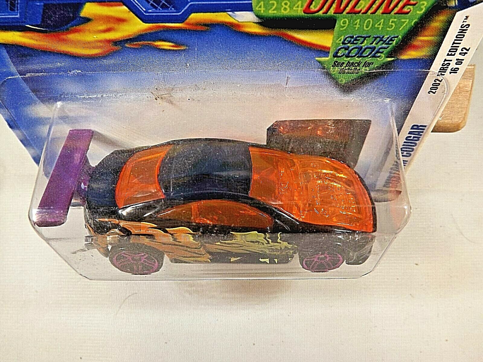 2002 Hot Wheels #28 First Editions 16/42 CUSTOM COUGAR Black w/Purple Pr5 Spokes