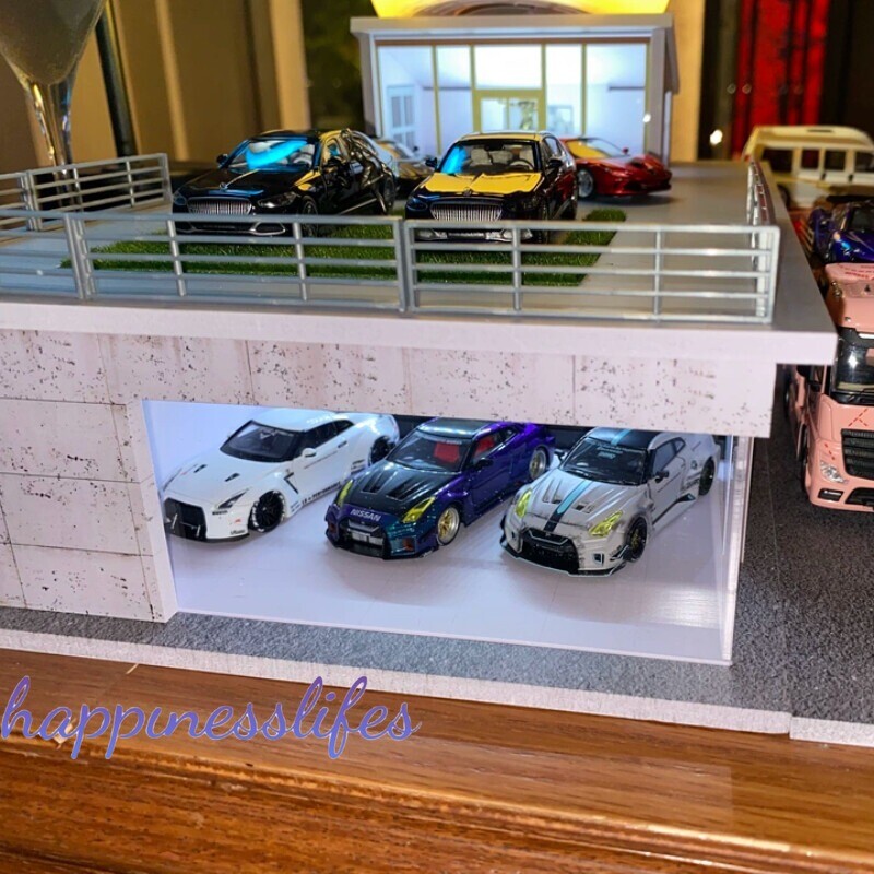 Diorama 1/64 Car Garage Model LED Sunroom Building Parking Lot Scene Model Gift