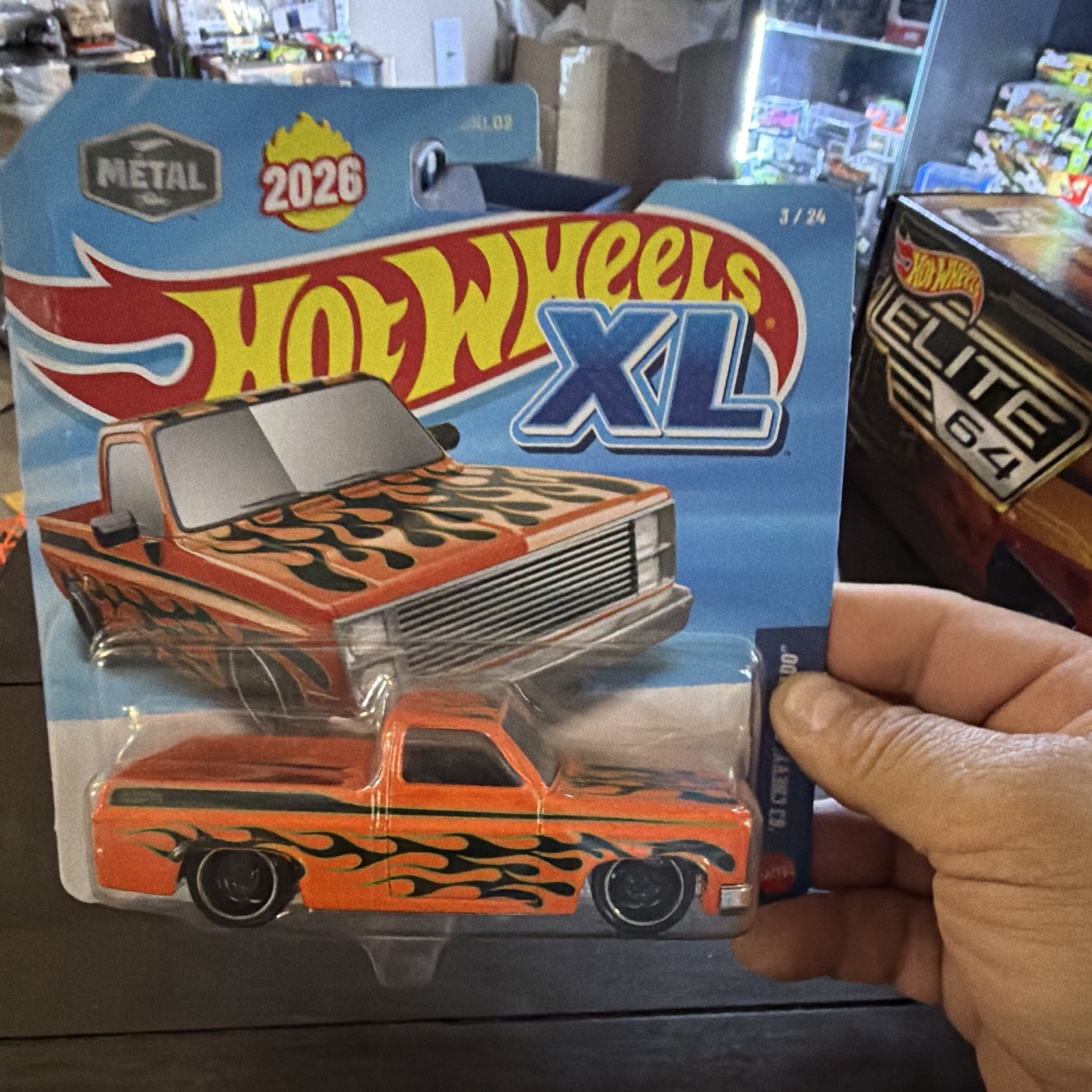 Hot Wheels XL ’83 Chevy Silverado Orange/Black Flames Metal Unopened