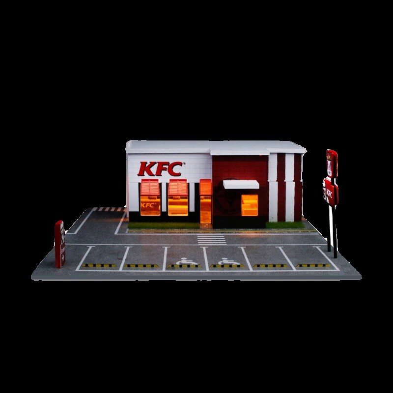 1/64 Diorama Diecast Car Garage Model City LED Street Building Repair Scene Gift