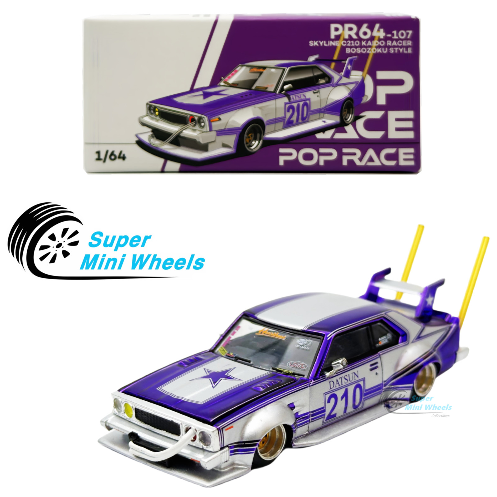 Pop Race 1:64 Nissan C210 Kaido Racer Bosozoku Style Chrome Purple PR64-107