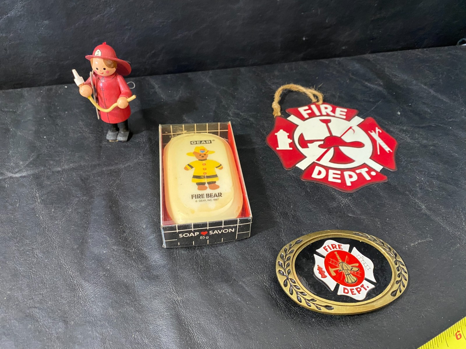 fire department collectibles cast iron Matchbox w/ belt buckle figure and more!