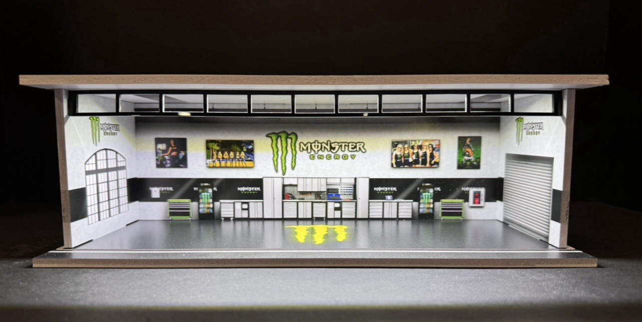 Monster Energy White Theme Display FOR Hot Wheels 1:64 Model Diorama Garage LEDs