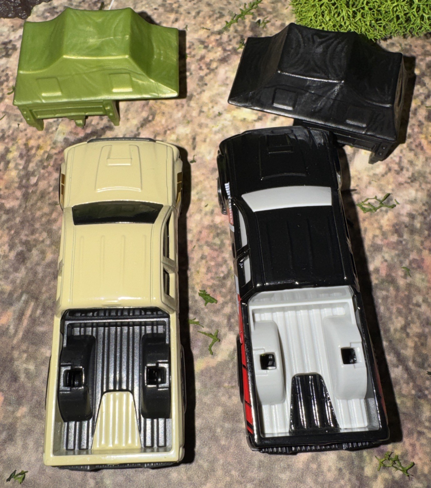 Lot Of 2 Toyota Tacoma Matchbox w/ Removable Camp Tent Black & Tan NLFFP 1:64 DC