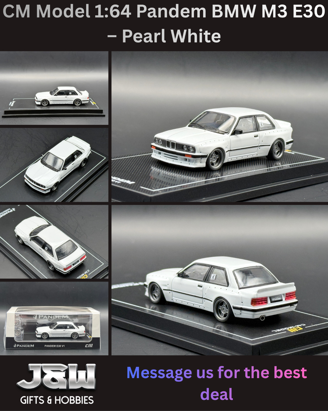 CM Model Pandem BMW M3 E30 – Pearl White w/ Extra Wheels Set 1/64